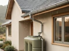 Rainwater Harvesting at Home: How It Works, What It Costs and Where to Start Rain running off a rooftop into a gutter and storage tank