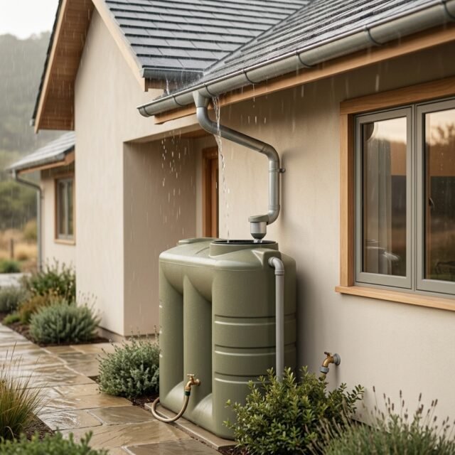 rainwater-harvesting-home-guide hero Rain running off a rooftop into a gutter and storage tank