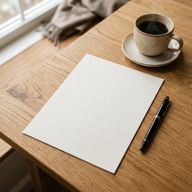 Printed resume with a pen and coffee cup on a desk
