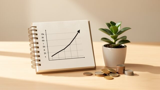 retirement-savings-by-age hero Notebook with a retirement savings plan beside a plant and coins