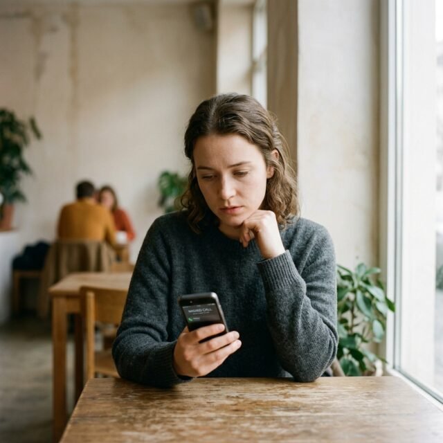 Person holding a phone with a missed call alert in a cafe
