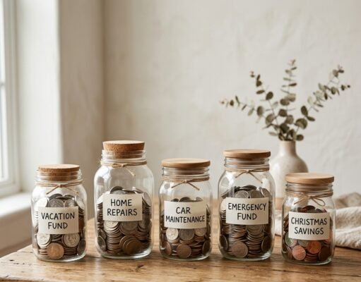 Sinking Funds: How to Save for Known Expenses Without Debt Jars labelled with different expenses on a table, representing sinking funds