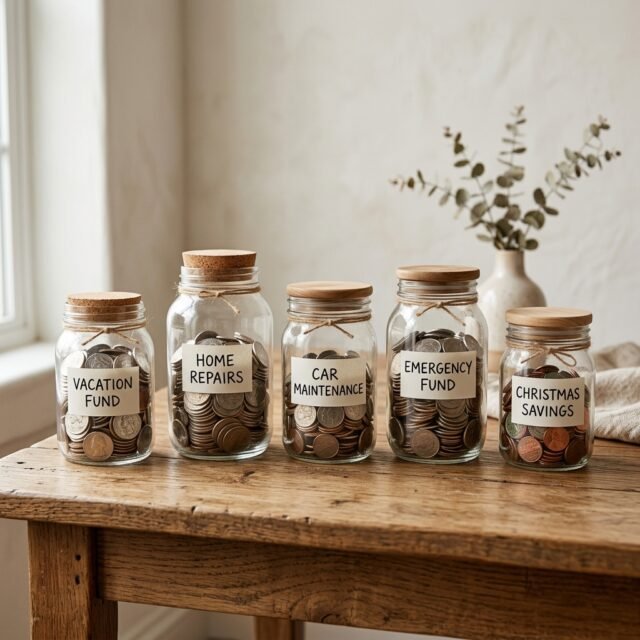 sinking-funds-plan-known-expenses hero Jars labelled with different expenses on a table, representing sinking funds