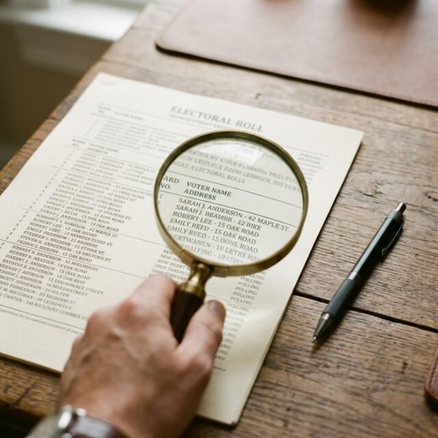 sir-benefits-india-electoral-rolls hero Magnifying glass over a printed electoral roll