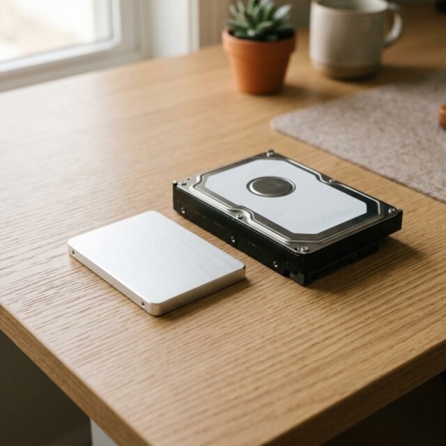 Solid state drive beside a traditional hard disk drive on a desk