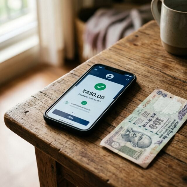 upi-payment-failed-money-deducted-what-to-do hero Smartphone showing a failed payment screen on a wooden table