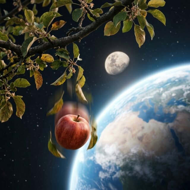 Apple falling from a branch with the Earth and Moon in the background