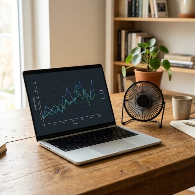 Open laptop on a desk with a task manager performance graph