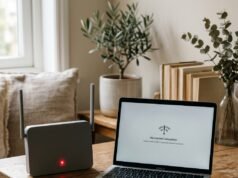 Wi-Fi Connected but No Internet: 10 Fixes That Actually Work Router with a red internet light beside a laptop showing no connection