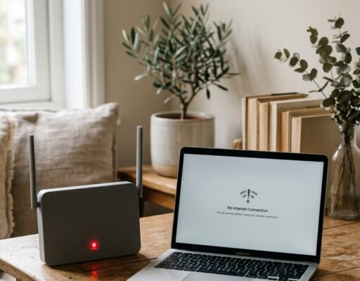 Wi-Fi Connected but No Internet: 10 Fixes That Actually Work Router with a red internet light beside a laptop showing no connection