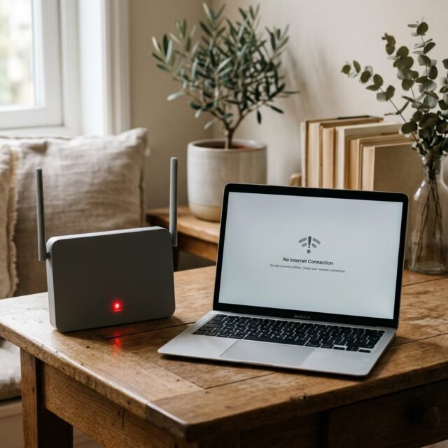 wifi-connected-but-no-internet hero Router with a red internet light beside a laptop showing no connection