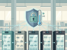 How to Secure Connected Fridges and Cold Storage Connected fridge security: an AI-generated illustration of commercial refrigerators linked to a shield with a padlock and a steady thermometer