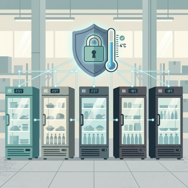 Connected fridge and cold storage security (AI-generated illustration) Connected fridge security: an AI-generated illustration of commercial refrigerators linked to a shield with a padlock and a steady thermometer