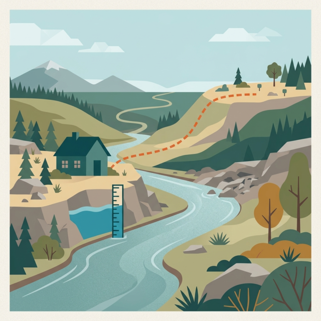 Flash flood safety guide: an AI-generated illustration of a river valley with a rising water gauge and an evacuation path leading uphill