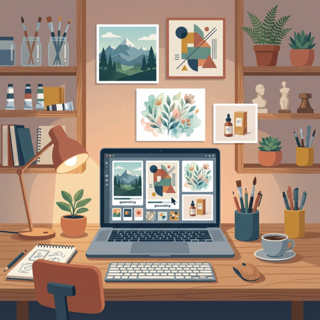 Free AI image generators compared in 2026 (AI-generated illustration) Free AI image generators compared: an AI-generated illustration of a creative desk with a laptop showing a grid of generated art panels