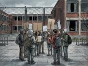 France School Protests: Government Offers 3,000 Extra Teachers AI-generated illustration of students holding blank placards in a school courtyard beside a fence and a closed school building