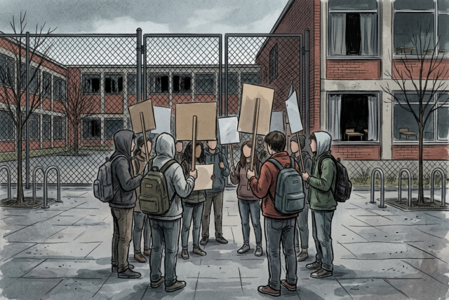 Illustration of students with placards in a school courtyard (AI-generated) AI-generated illustration of students holding blank placards in a school courtyard beside a fence and a closed school building