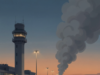 Riyadh Airport Attack: 12 Killed in Strike on King Khalid – What We Know AI-generated illustration of a smoke plume rising in the distance near an airport terminal and control tower at dusk, with runway lights and a passenger aircraft silhouette