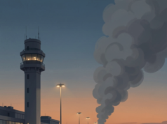 Riyadh Airport Attack: 12 Killed in Strike on King Khalid – What We Know AI-generated illustration of a smoke plume rising in the distance near an airport terminal and control tower at dusk, with runway lights and a passenger aircraft silhouette