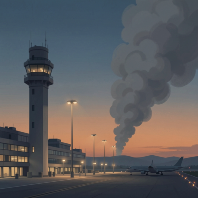 AI-generated illustration of a smoke plume rising in the distance near an airport terminal and control tower at dusk, with runway lights and a passenger aircraft silhouette