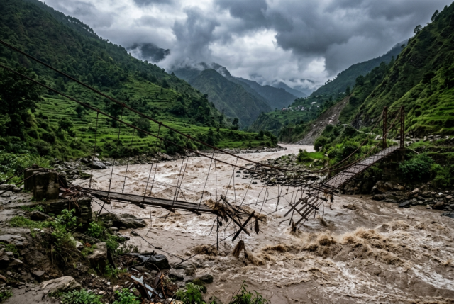 Budhi Gandaki flood in Gorkha, Nepal (AI-generated illustration) AI-generated illustration of a swollen river in a Nepal valley, with a damaged suspension footbridge in floodwater