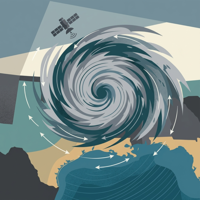 Hurricane Isaias explained: an AI-generated illustration of a swirling storm over a stylised Gulf coastline