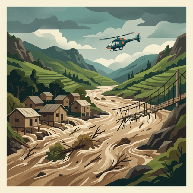 Nepal flash floods explained: an AI-generated illustration of a swollen river sweeping past stilted houses and a broken suspension bridge