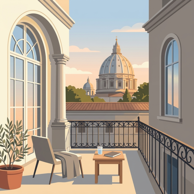 Pope Leo lung surgery explained (AI-generated illustration) Pope Leo lung surgery explained: an AI-generated illustration of an empty Vatican palace balcony at sunrise above St. Peter's Basilica