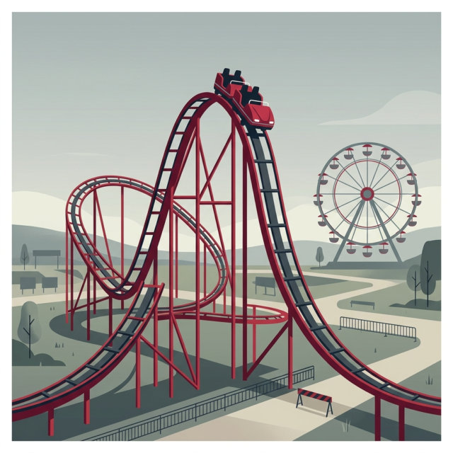 Six Flags Georgia rollercoaster incident explained: an AI-generated illustration of a red coaster train stopped at the top of a steep track