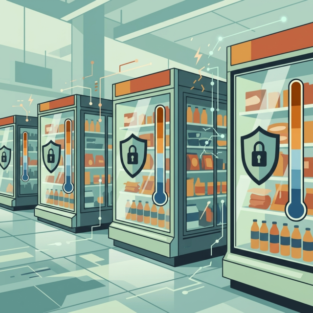 French supermarket fridge cyber attack explained (AI-generated illustration) French supermarket cyber attack explained: an AI-generated illustration of supermarket fridges with padlock shields and rising thermometers