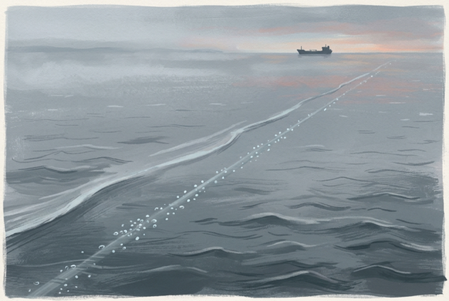 AI-generated illustration of a calm grey Baltic Sea with a pipeline line marked by rising bubbles and a distant ship
