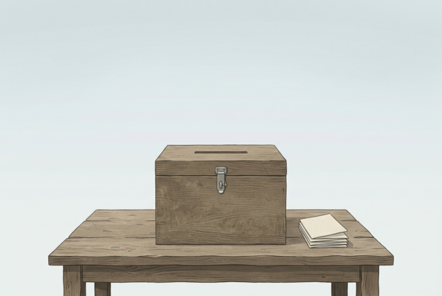 AI-generated illustration of a wooden ballot box and a stack of paper ballots on a table in an empty town square
